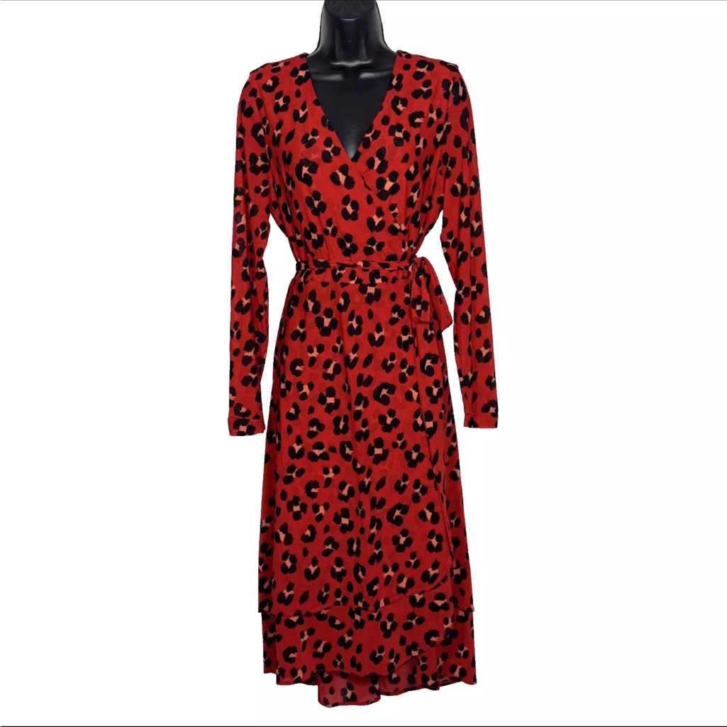 Cabi M Wrap Dress Siren Red Leopard Animal Print Long Sleeve Midi Style 5771